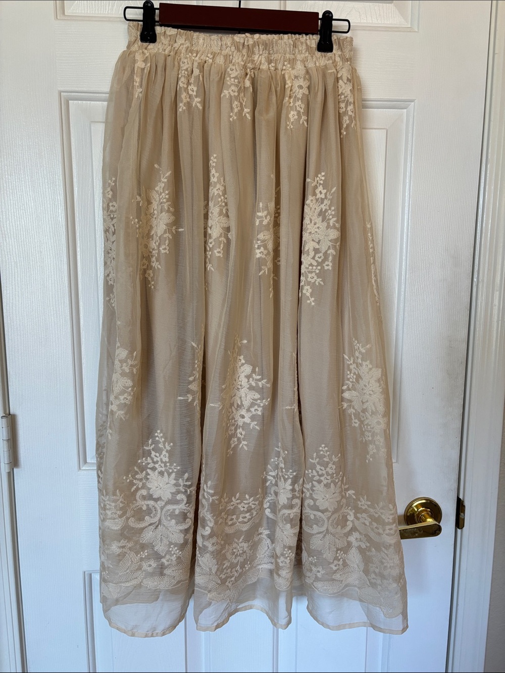 orange creek Beige Maxi Skirt with White Floral Embroidery